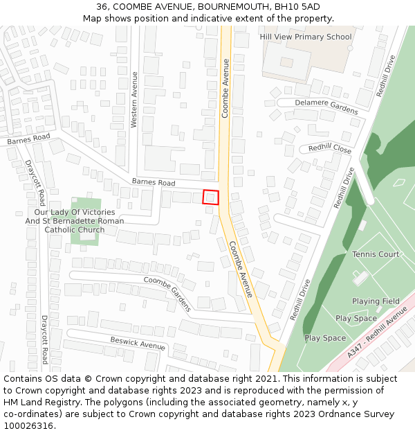 36, COOMBE AVENUE, BOURNEMOUTH, BH10 5AD: Location map and indicative extent of plot