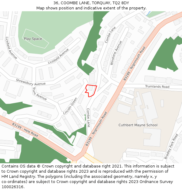 36, COOMBE LANE, TORQUAY, TQ2 8DY: Location map and indicative extent of plot