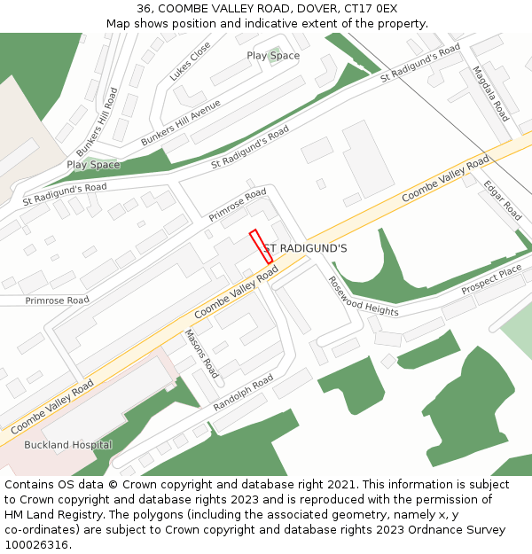 36, COOMBE VALLEY ROAD, DOVER, CT17 0EX: Location map and indicative extent of plot