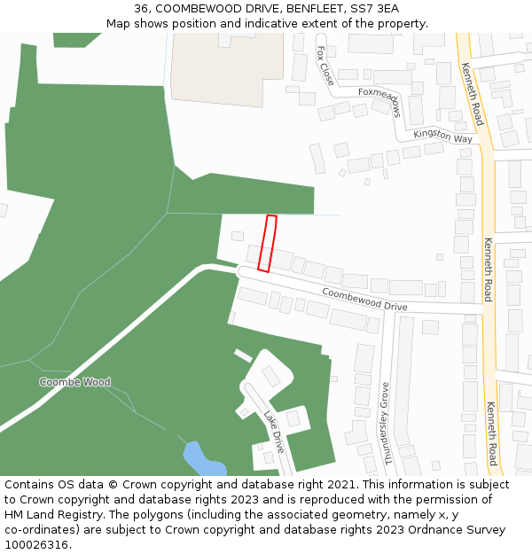 36, COOMBEWOOD DRIVE, BENFLEET, SS7 3EA: Location map and indicative extent of plot
