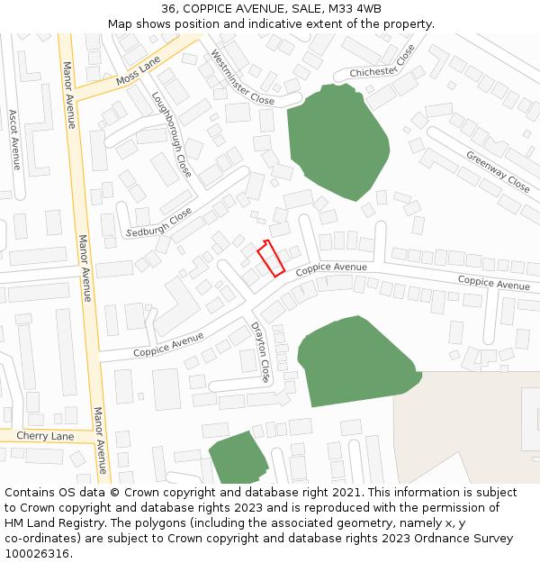 36, COPPICE AVENUE, SALE, M33 4WB: Location map and indicative extent of plot