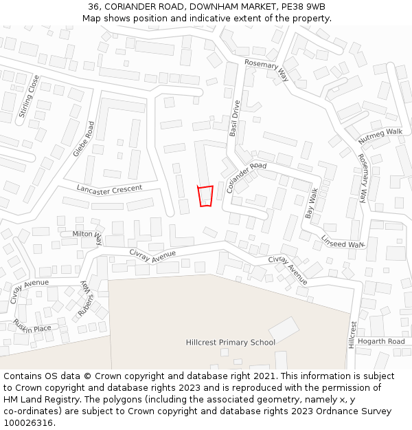 36, CORIANDER ROAD, DOWNHAM MARKET, PE38 9WB: Location map and indicative extent of plot