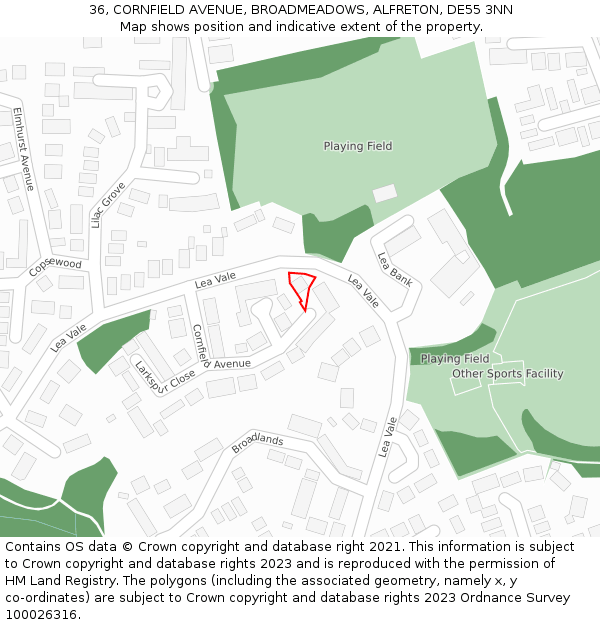 36, CORNFIELD AVENUE, BROADMEADOWS, ALFRETON, DE55 3NN: Location map and indicative extent of plot