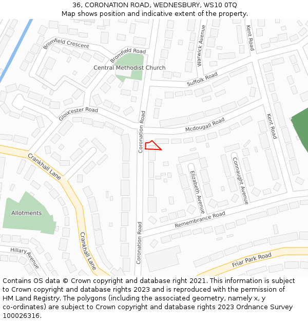 36, CORONATION ROAD, WEDNESBURY, WS10 0TQ: Location map and indicative extent of plot