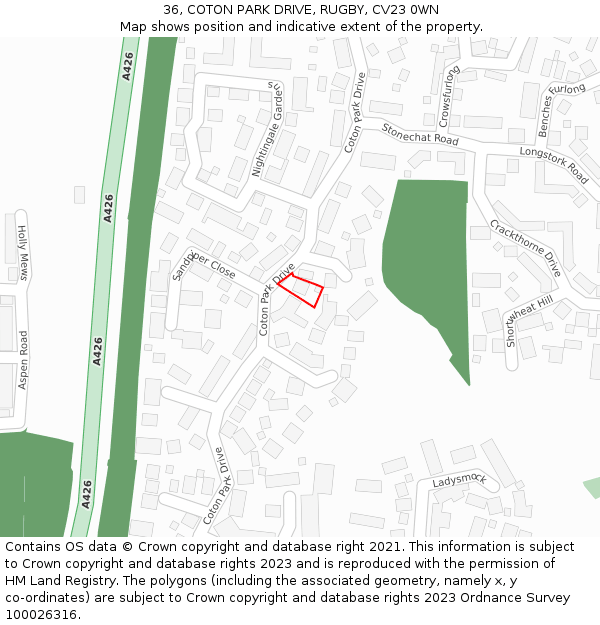 36, COTON PARK DRIVE, RUGBY, CV23 0WN: Location map and indicative extent of plot