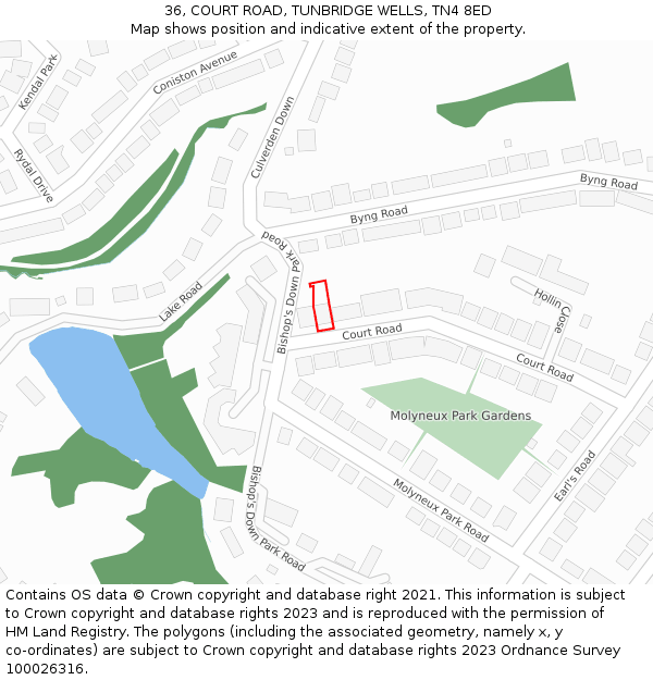 36, COURT ROAD, TUNBRIDGE WELLS, TN4 8ED: Location map and indicative extent of plot