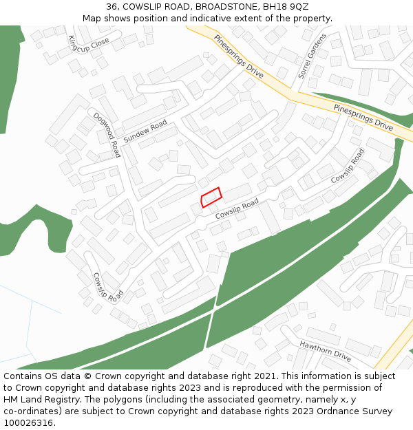 36, COWSLIP ROAD, BROADSTONE, BH18 9QZ: Location map and indicative extent of plot