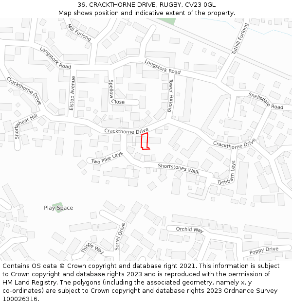 36, CRACKTHORNE DRIVE, RUGBY, CV23 0GL: Location map and indicative extent of plot