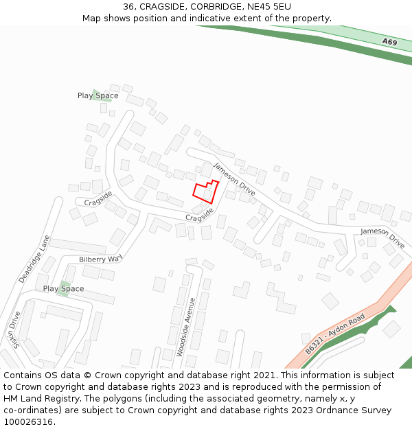 36, CRAGSIDE, CORBRIDGE, NE45 5EU: Location map and indicative extent of plot