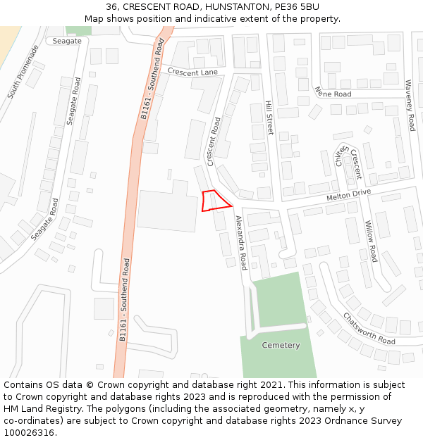 36, CRESCENT ROAD, HUNSTANTON, PE36 5BU: Location map and indicative extent of plot