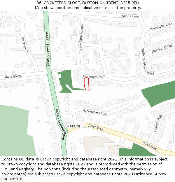 36, CRICKETERS CLOSE, BURTON-ON-TRENT, DE15 9EH: Location map and indicative extent of plot