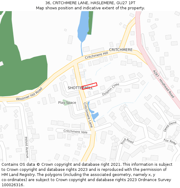 36, CRITCHMERE LANE, HASLEMERE, GU27 1PT: Location map and indicative extent of plot