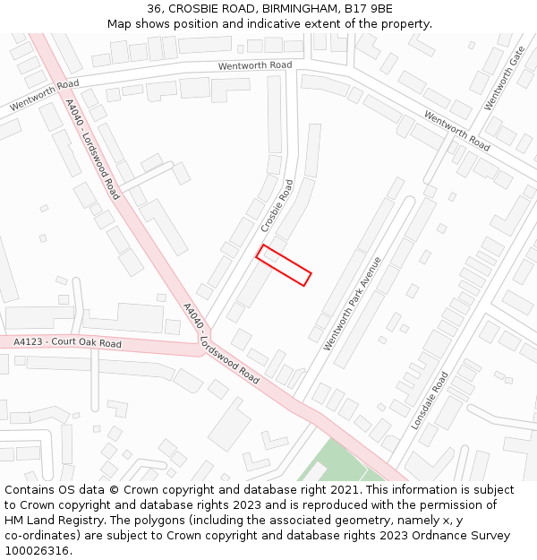 36, CROSBIE ROAD, BIRMINGHAM, B17 9BE: Location map and indicative extent of plot