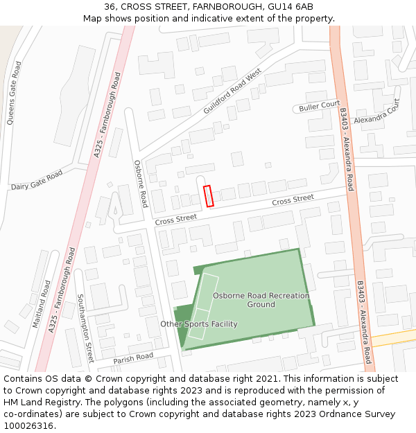 36, CROSS STREET, FARNBOROUGH, GU14 6AB: Location map and indicative extent of plot