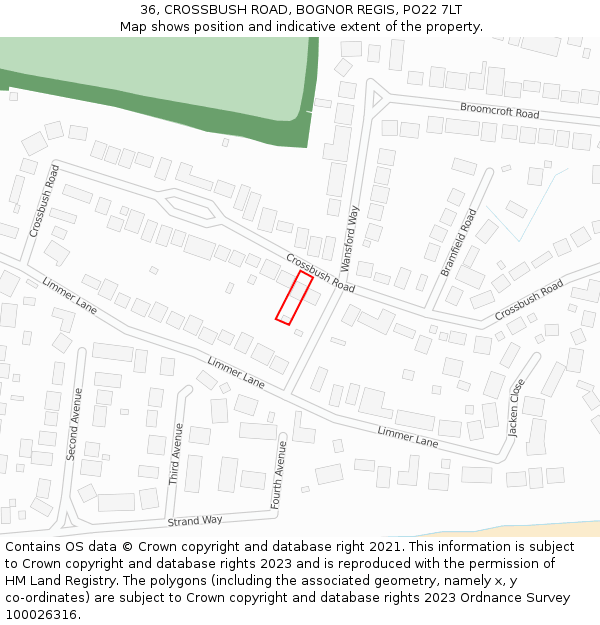 36, CROSSBUSH ROAD, BOGNOR REGIS, PO22 7LT: Location map and indicative extent of plot