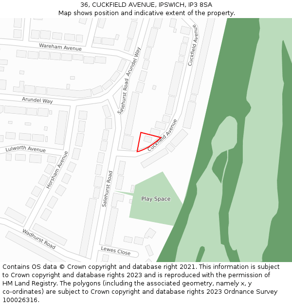 36, CUCKFIELD AVENUE, IPSWICH, IP3 8SA: Location map and indicative extent of plot