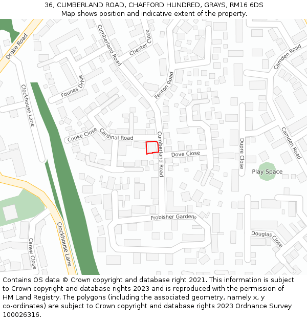 36, CUMBERLAND ROAD, CHAFFORD HUNDRED, GRAYS, RM16 6DS: Location map and indicative extent of plot