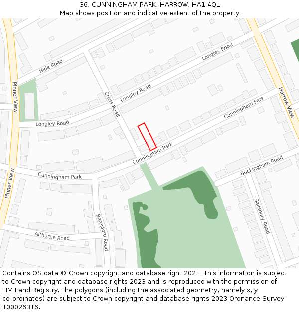 36, CUNNINGHAM PARK, HARROW, HA1 4QL: Location map and indicative extent of plot