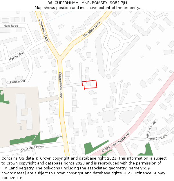 36, CUPERNHAM LANE, ROMSEY, SO51 7JH: Location map and indicative extent of plot