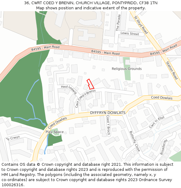 36, CWRT COED Y BRENIN, CHURCH VILLAGE, PONTYPRIDD, CF38 1TN: Location map and indicative extent of plot