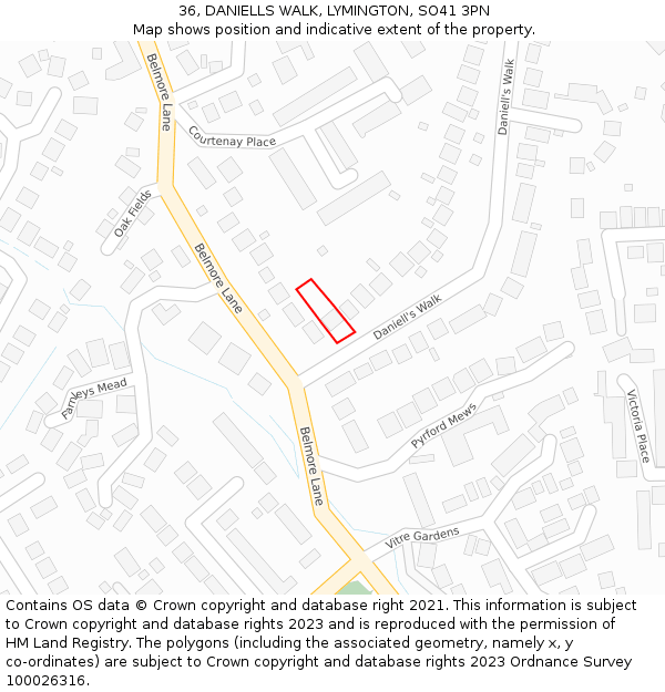 36, DANIELLS WALK, LYMINGTON, SO41 3PN: Location map and indicative extent of plot