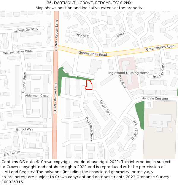 36, DARTMOUTH GROVE, REDCAR, TS10 2NX: Location map and indicative extent of plot