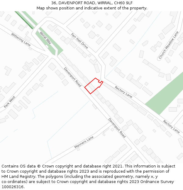 36, DAVENPORT ROAD, WIRRAL, CH60 9LF: Location map and indicative extent of plot