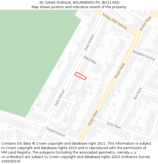 36, DAWS AVENUE, BOURNEMOUTH, BH11 8SD: Location map and indicative extent of plot