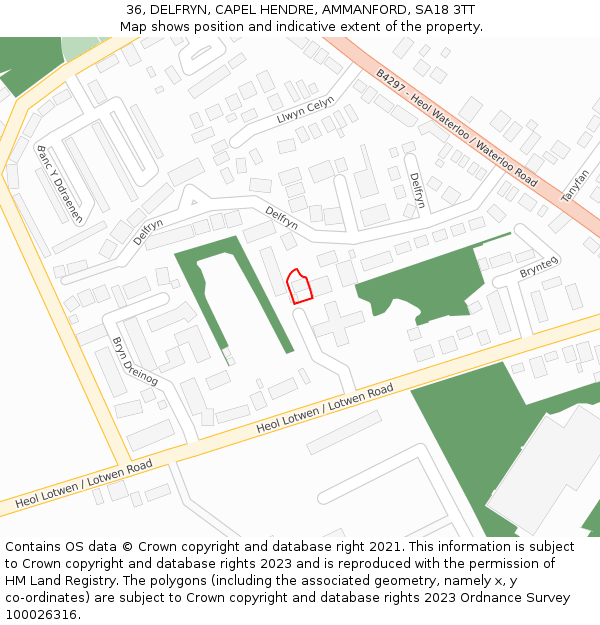 36, DELFRYN, CAPEL HENDRE, AMMANFORD, SA18 3TT: Location map and indicative extent of plot