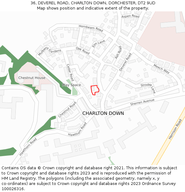 36, DEVEREL ROAD, CHARLTON DOWN, DORCHESTER, DT2 9UD: Location map and indicative extent of plot