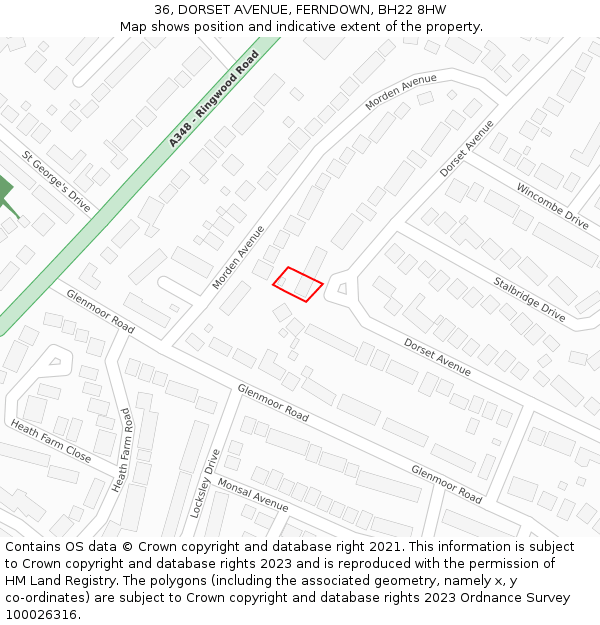 36, DORSET AVENUE, FERNDOWN, BH22 8HW: Location map and indicative extent of plot