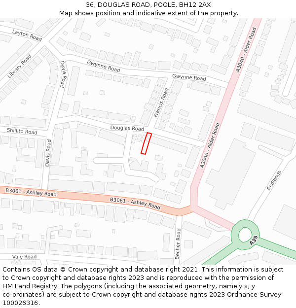 36, DOUGLAS ROAD, POOLE, BH12 2AX: Location map and indicative extent of plot