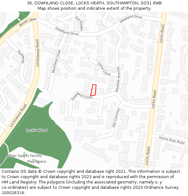 36, DOWNLAND CLOSE, LOCKS HEATH, SOUTHAMPTON, SO31 6WB: Location map and indicative extent of plot