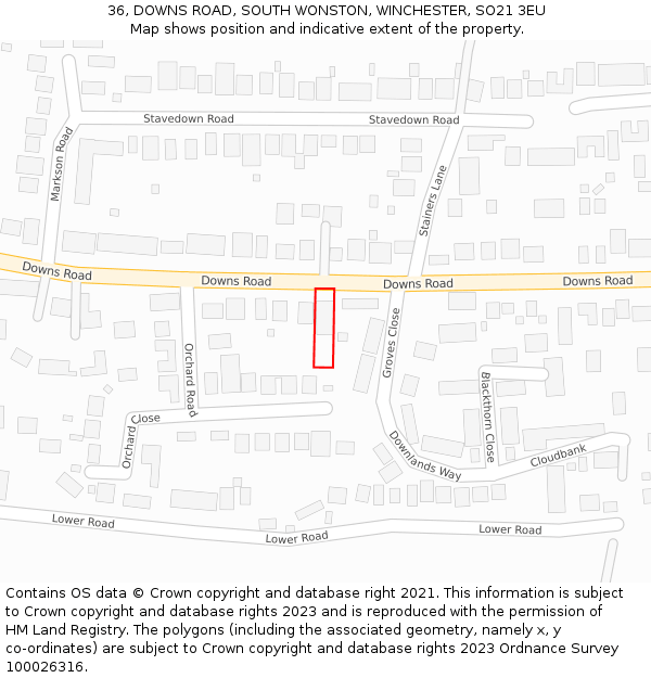 36, DOWNS ROAD, SOUTH WONSTON, WINCHESTER, SO21 3EU: Location map and indicative extent of plot