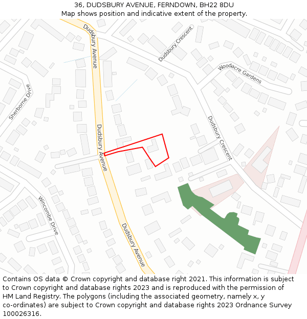 36, DUDSBURY AVENUE, FERNDOWN, BH22 8DU: Location map and indicative extent of plot