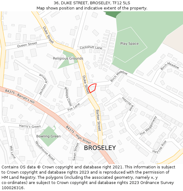 36, DUKE STREET, BROSELEY, TF12 5LS: Location map and indicative extent of plot