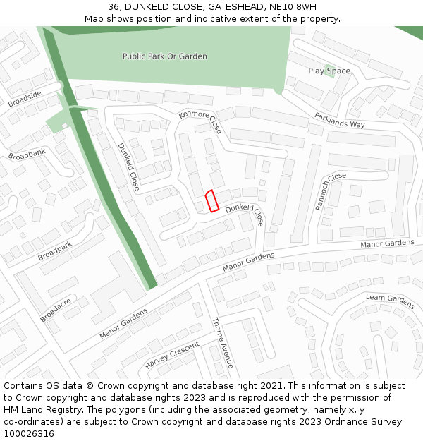 36, DUNKELD CLOSE, GATESHEAD, NE10 8WH: Location map and indicative extent of plot