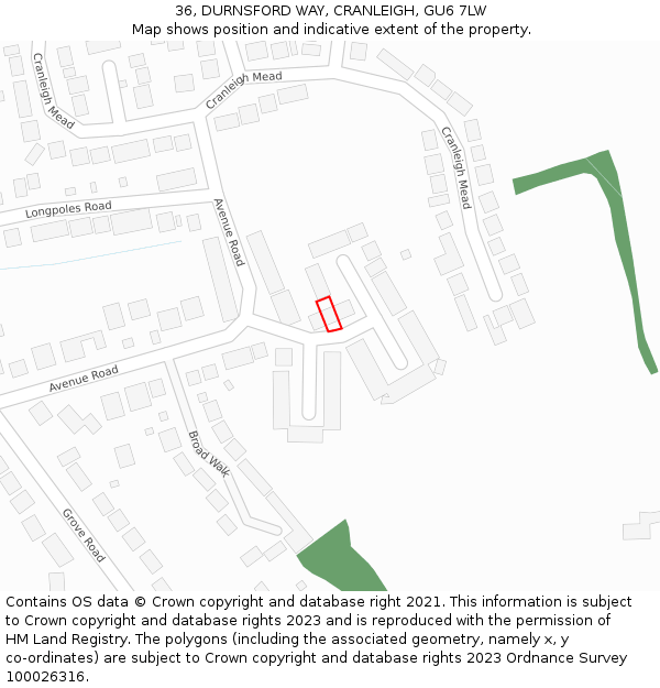 36, DURNSFORD WAY, CRANLEIGH, GU6 7LW: Location map and indicative extent of plot