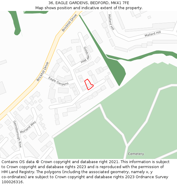 36, EAGLE GARDENS, BEDFORD, MK41 7FE: Location map and indicative extent of plot