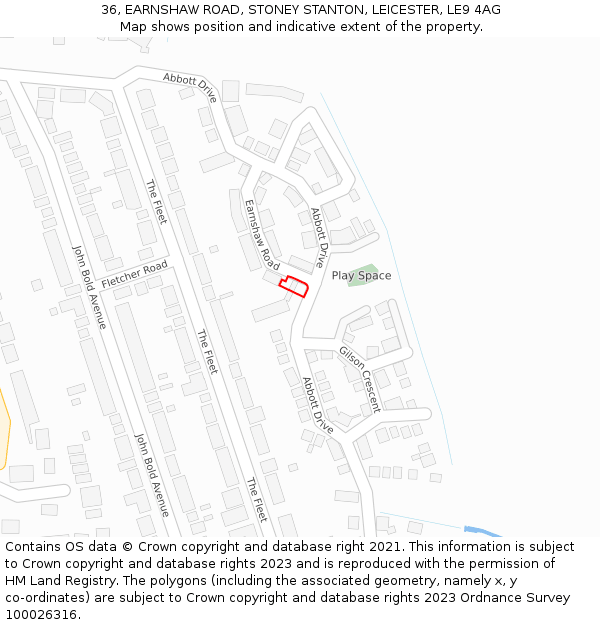 36, EARNSHAW ROAD, STONEY STANTON, LEICESTER, LE9 4AG: Location map and indicative extent of plot