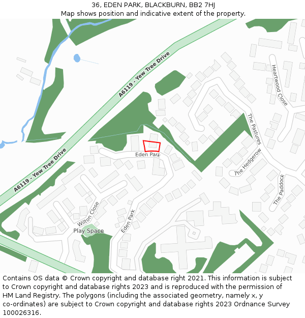 36, EDEN PARK, BLACKBURN, BB2 7HJ: Location map and indicative extent of plot