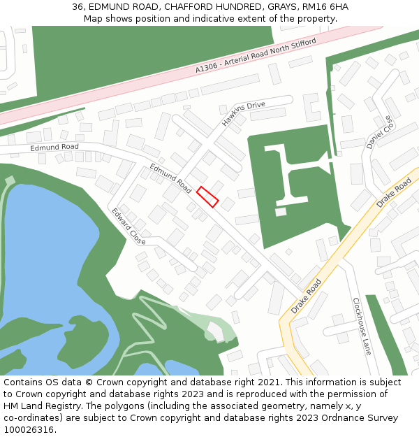 36, EDMUND ROAD, CHAFFORD HUNDRED, GRAYS, RM16 6HA: Location map and indicative extent of plot