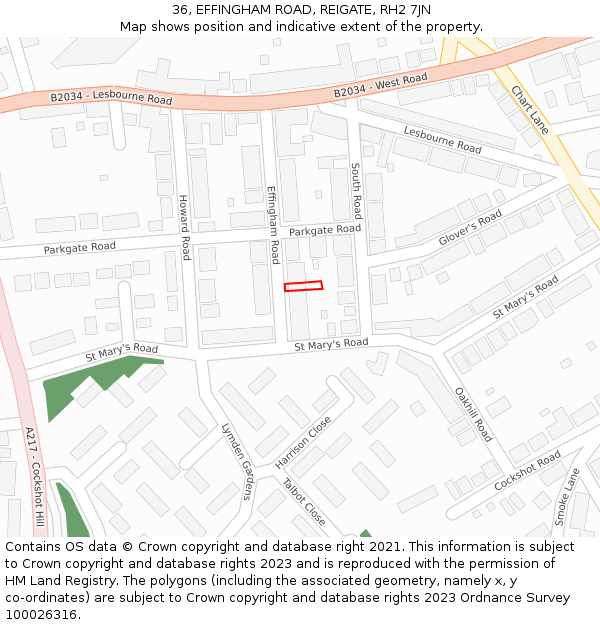36, EFFINGHAM ROAD, REIGATE, RH2 7JN: Location map and indicative extent of plot