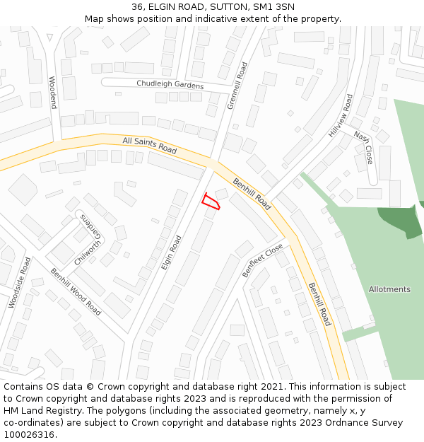 36, ELGIN ROAD, SUTTON, SM1 3SN: Location map and indicative extent of plot