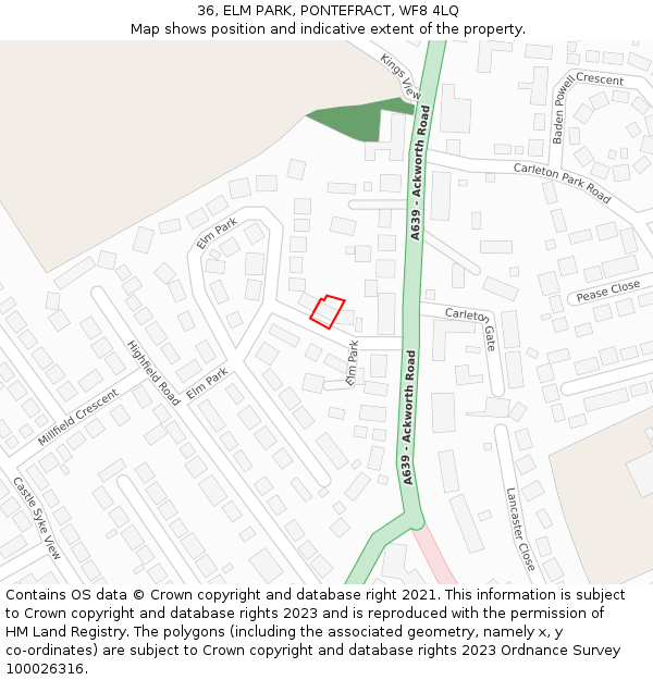 36, ELM PARK, PONTEFRACT, WF8 4LQ: Location map and indicative extent of plot