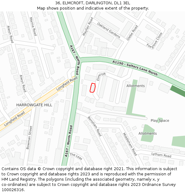 36, ELMCROFT, DARLINGTON, DL1 3EL: Location map and indicative extent of plot