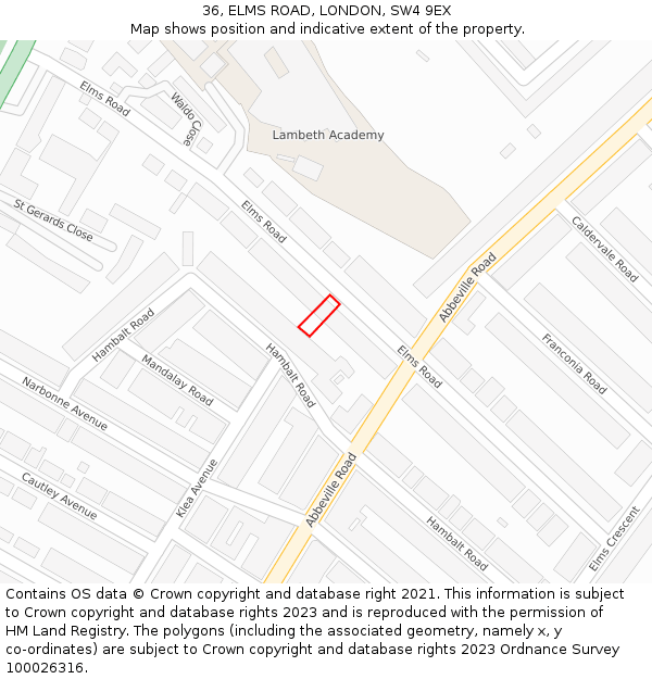 36, ELMS ROAD, LONDON, SW4 9EX: Location map and indicative extent of plot
