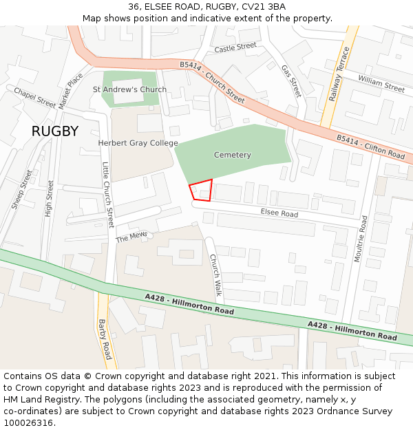 36, ELSEE ROAD, RUGBY, CV21 3BA: Location map and indicative extent of plot