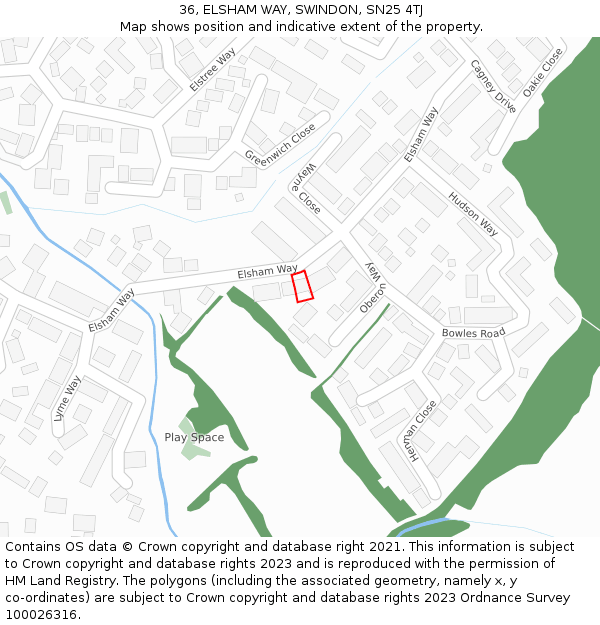 36, ELSHAM WAY, SWINDON, SN25 4TJ: Location map and indicative extent of plot