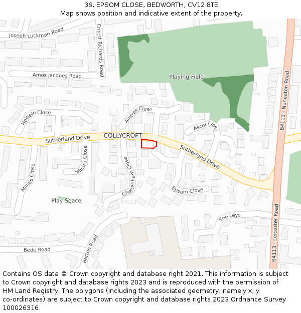 36, EPSOM CLOSE, BEDWORTH, CV12 8TE: Location map and indicative extent of plot